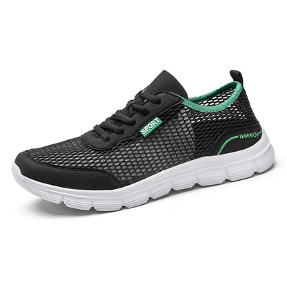 Breathable men's sports shoes with mesh design, available in blue, black, and gray colours