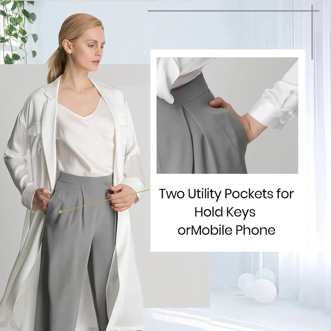 Exquisite grey silk wide-leg trousers with high-waisted design and relaxed fit for sophisticated style
