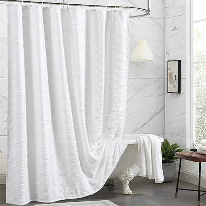 Modern Farmhouse Waterproof White Shower Curtain with Chevron Tufted Pattern