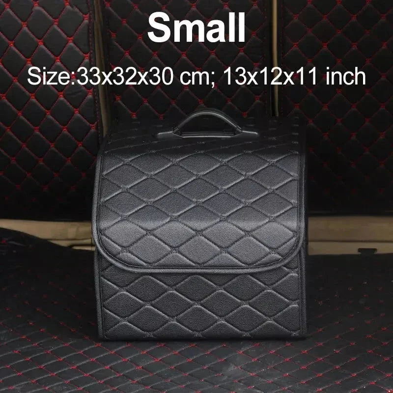 Premium collapsible leather car boot organiser in black, burgundy red, and black red colours
