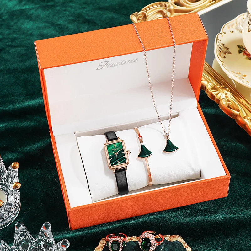 Fashionable green ladies' watch with square design, quartz movement, and 30-metre water resistance