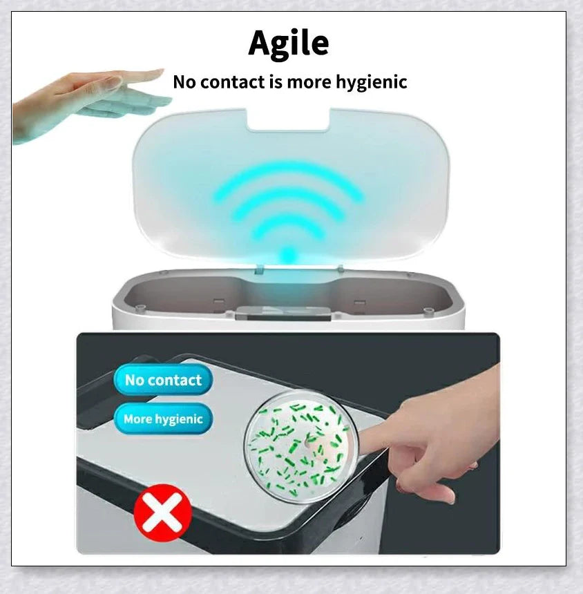 Sensor-powered bin with sleek design and touch-free motion-activated lid for effortless, hygienic waste disposal