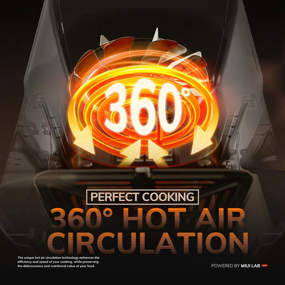 A powerful, family-sized air fryer with a touchscreen control panel and a transparent window for monitoring cooking progress.