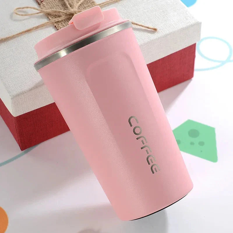 Stylish and durable stainless steel thermos mug with double-wall vacuum insulation, keeping drinks hot or cold for hours on end.