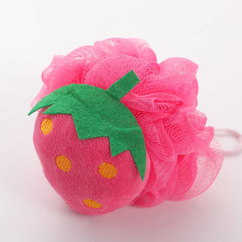 Colourful cartoon fruit-shaped exfoliating shower sponge made from durable nylon mesh