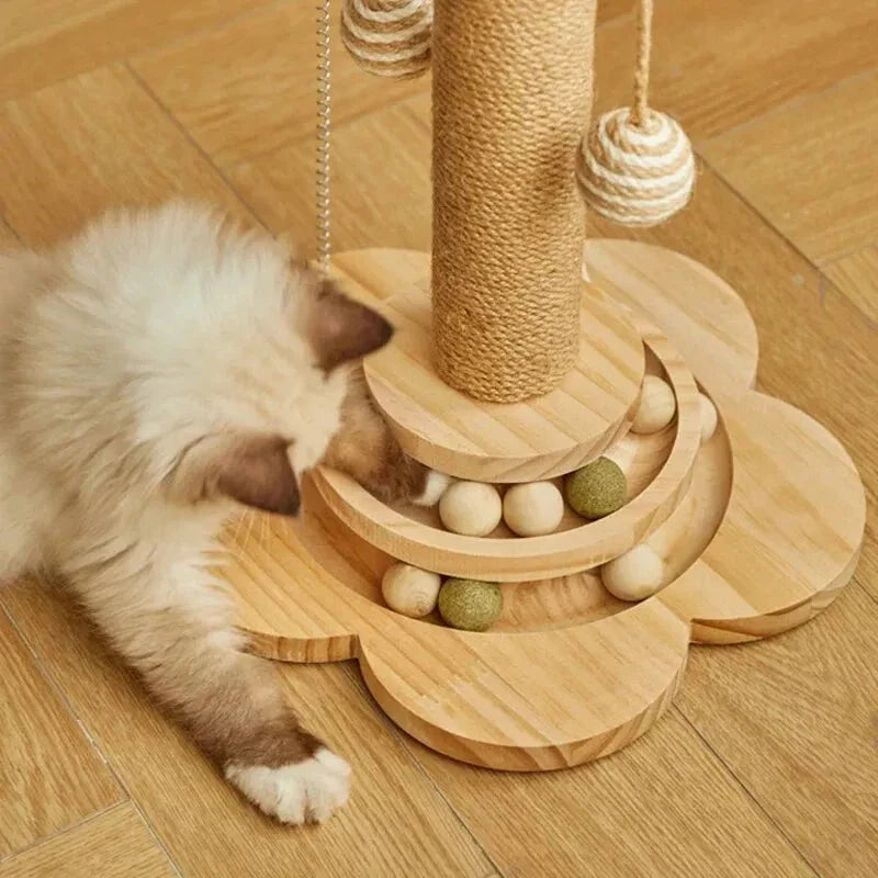 Premium pine wood cat scratcher tower with interactive turntable balls for feline playtime and activity