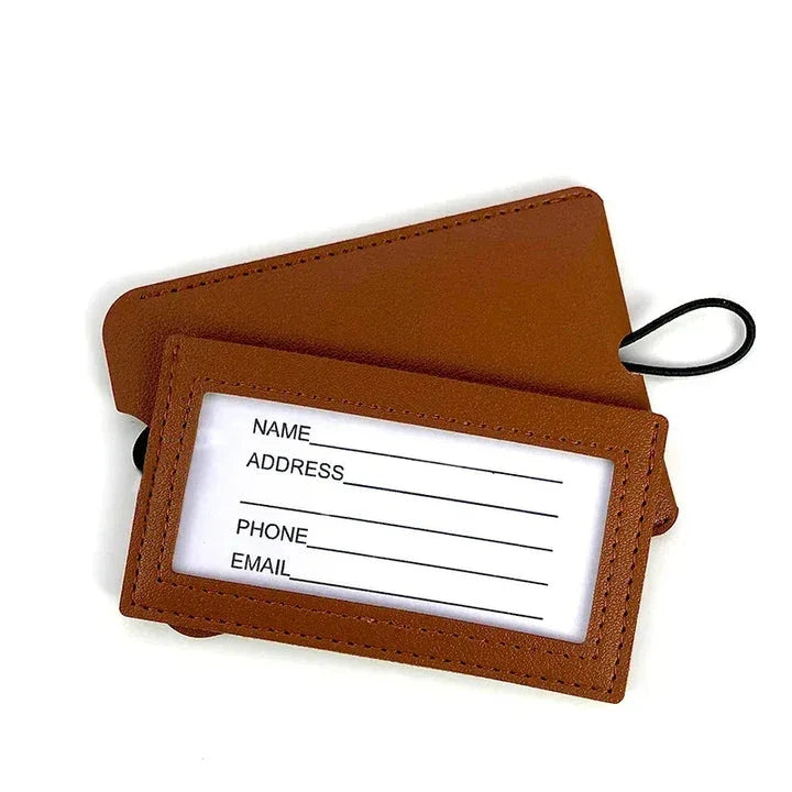 Premium PU leather luggage tags in a vibrant gray colour, with a discreet pull-out information card for easy customization.