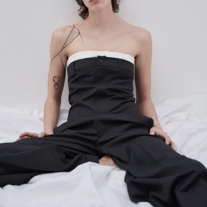 Trendha Contrast Stitching Tube Top Jumpsuit in Sea Blue, featuring raglan sleeves, wide legs, and a shawl neckline design