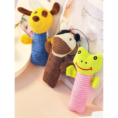 Interactive plush dog toys in the shape of corn kernels and dog figures, made of soft fleece material with built-in squeakers for endless playtime fun.