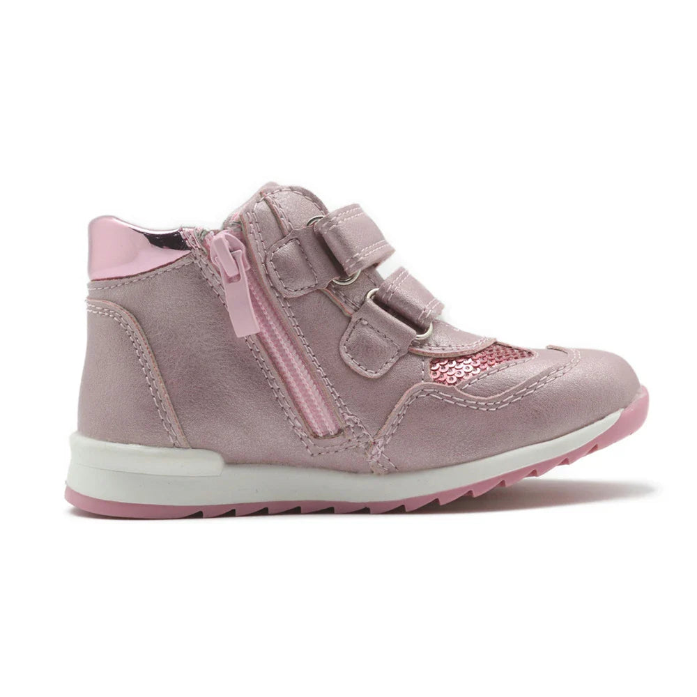Charming dinosaur-themed girls' shoes in pink, peach, and grey colours with a comfortable and supportive design