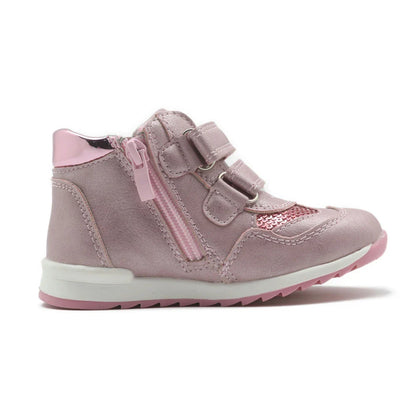 Charming dinosaur-themed girls' shoes in pink, peach, and grey colours with a comfortable and supportive design
