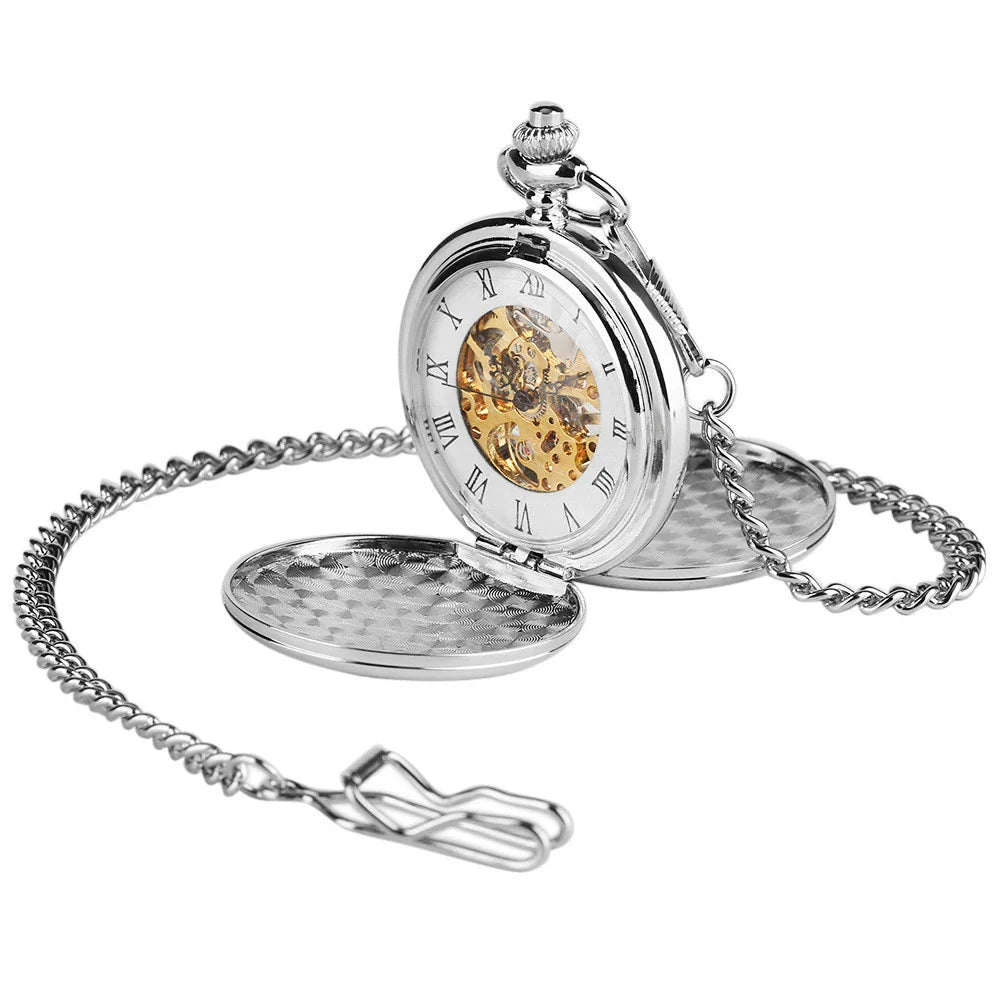 Classic minimalist vintage two-sided mechanical pocket watch in silver tone