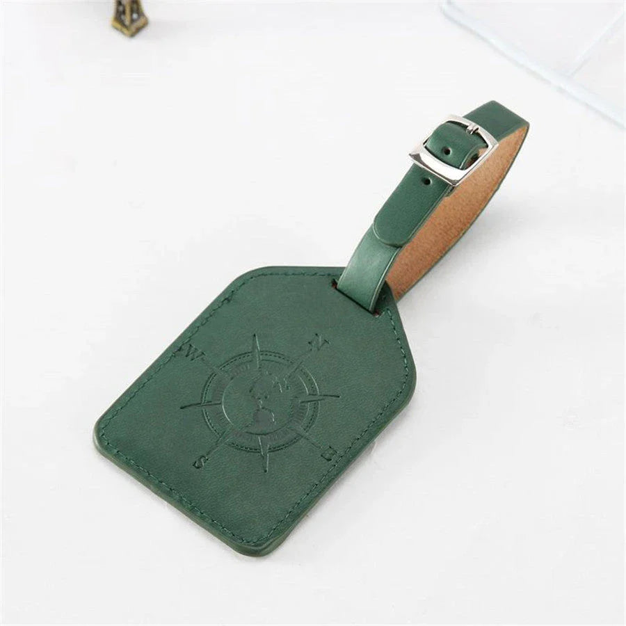 Compass Leather Luggage Tag with Geometric Pattern, Durable PU Leather, and Clear Identification Window