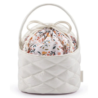 Premium waterproof drawstring cosmetic bag with elastic pockets for organised makeup storage and easy access