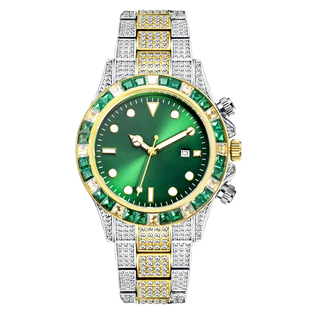 Premium diamond-encrusted green quartz watch with luminous display and sun pattern design