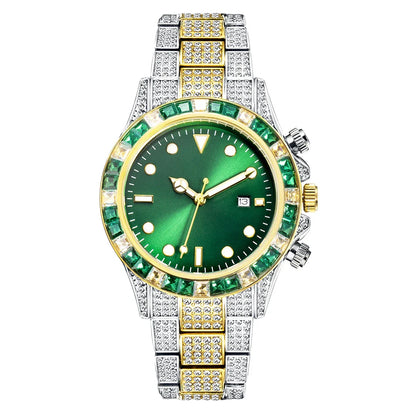 Premium diamond-encrusted green quartz watch with luminous display and sun pattern design