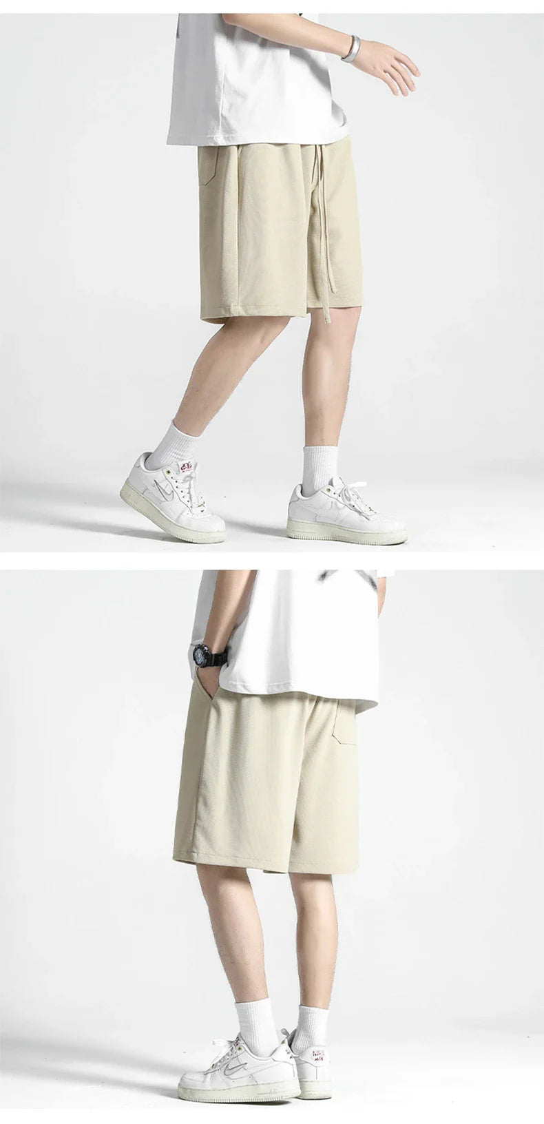 Premium straight-fit drawstring trousers in white, khaki, and black colours for stylish British men