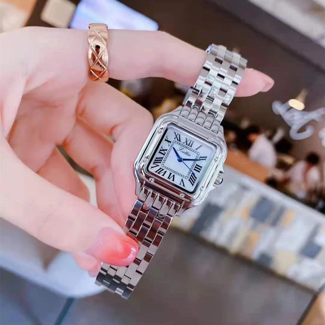 Elegant square quartz watch with a fine steel band, featuring a minimalist design and precise timekeeping.