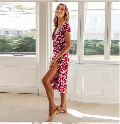Elegant floral square collar dress with cinched hem, available in navy blue, green, and red colours
