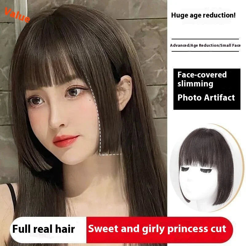 Stylish Princess Cut Wig with Bangs in various colours, including Brown Black, Natural Black, Dark Brown, and Light Brown.