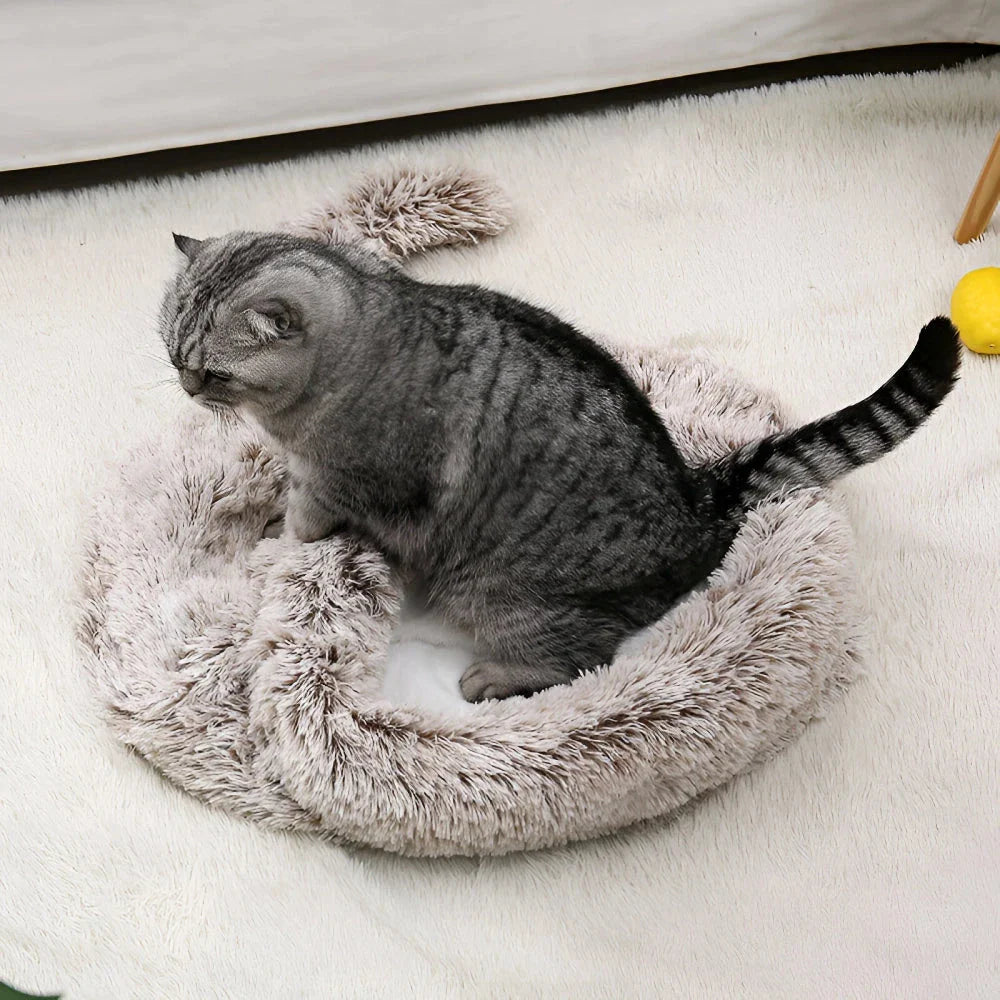 Cosy plush pet sleeping bag in grey colour, designed to keep small pets warm and comfortable