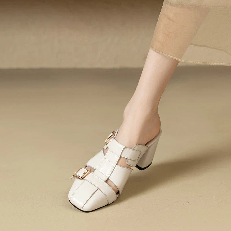 Exquisite embroidered leather high heel slippers in khaki colour, showcasing intricate detailing and a stable square heel design for stylish summer wear