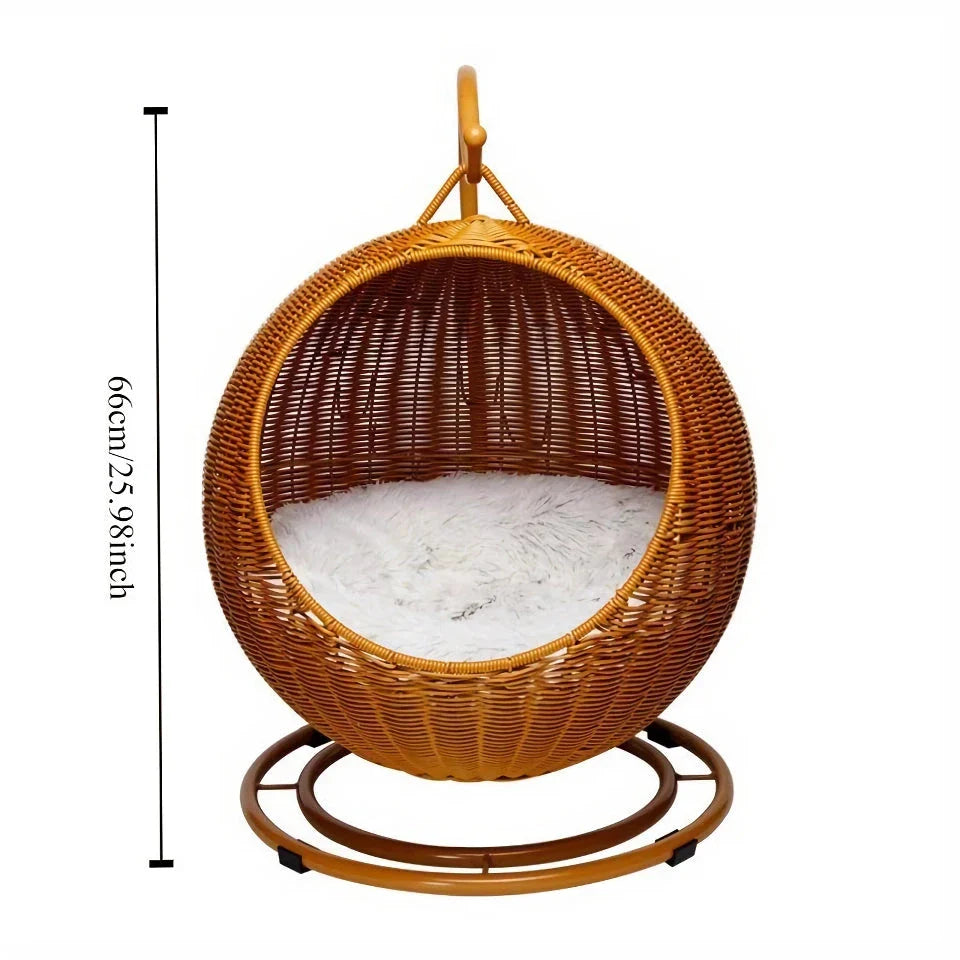 Cosy hanging cat hammock bed with soft, plush materials and sturdy metal frame, providing a comfortable and secure space for cats to nap and observe their surroundings.