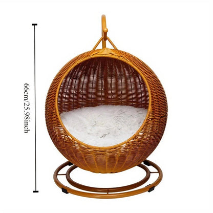 Cosy hanging cat hammock bed with soft, plush materials and sturdy metal frame, providing a comfortable and secure space for cats to nap and observe their surroundings.