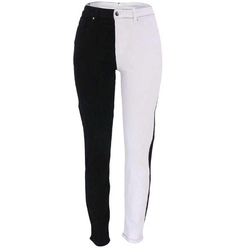 Woman wearing high-waist, straight-leg stretch jeans in black and blue colours