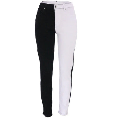 Woman wearing high-waist, straight-leg stretch jeans in black and blue colours
