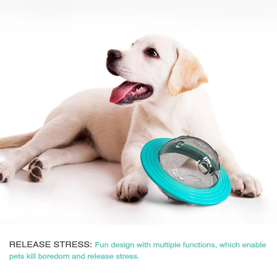 Dog playing with the interactive Dog Planet Treat Toy, a durable and engaging puzzle toy that stimulates a dog's cognitive abilities.