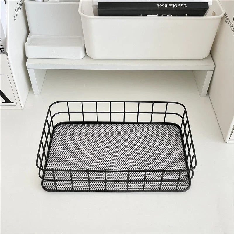 Elegant black iron desktop storage basket with minimalist Nordic design