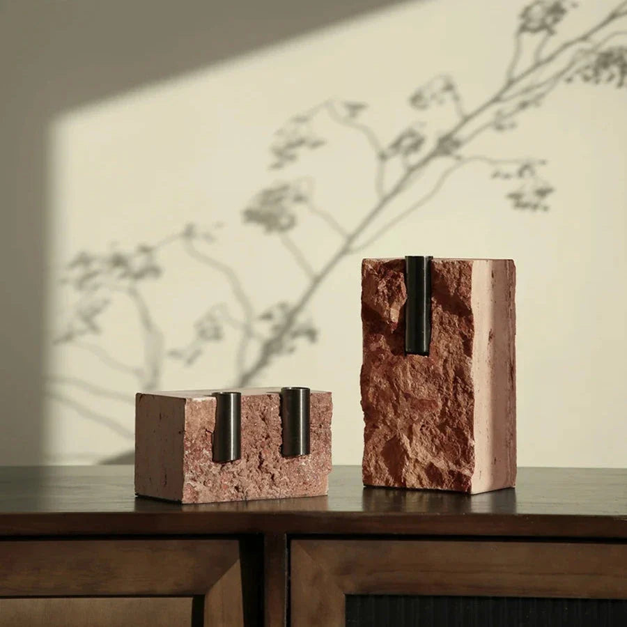 Elegant minimalist red travertine vase for refined home decor in the UK