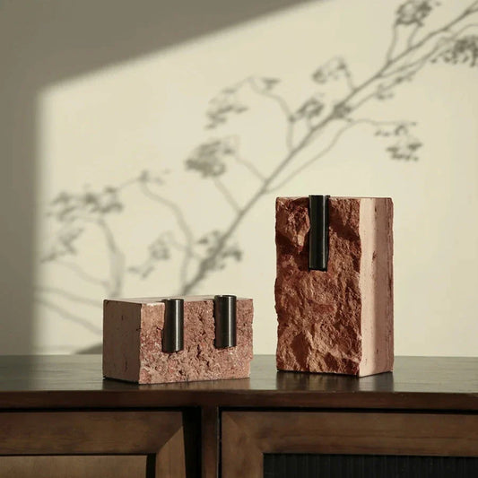 Elegant minimalist red travertine vase for refined home decor in the UK