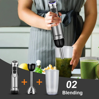 A powerful 1200W 4-in-1 immersion hand blender with attachments for chopping, blending, and whipping