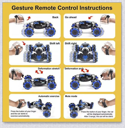 Remote control stunt car with 360-degree rotation, flips, and built-in colourful lights and music for exciting playtime
