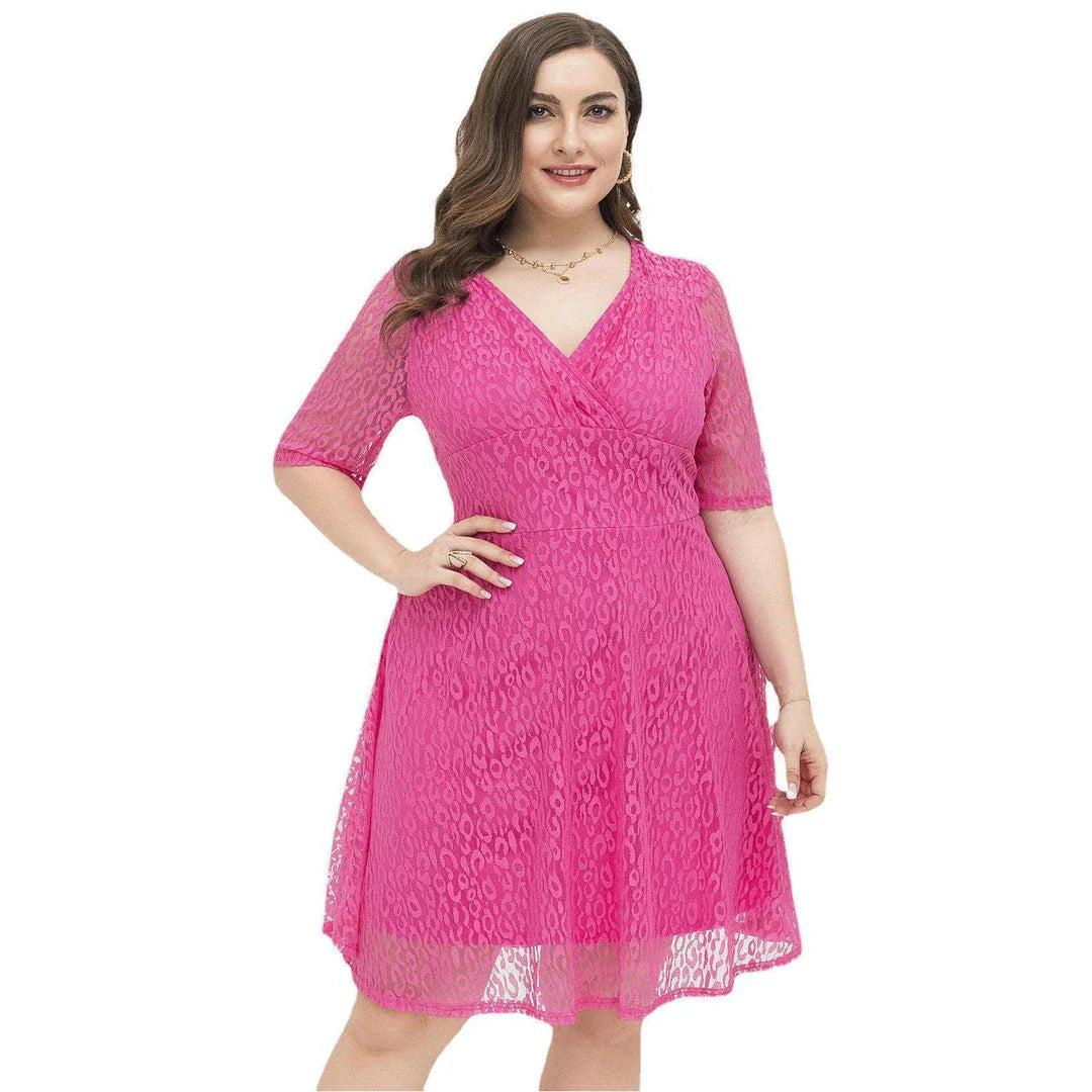 Elegant V-neck lace dress with tailored waist in rose red colour