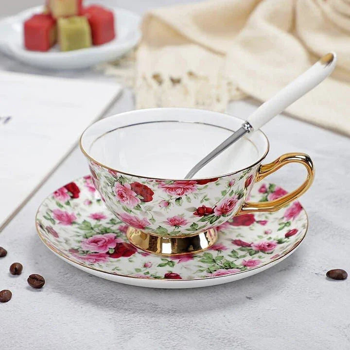 Charming floral porcelain tea set with cup, saucer, and spoon in a variety of delicate colour options