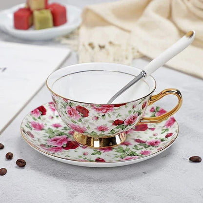 Charming floral porcelain tea set with cup, saucer, and spoon in a variety of delicate colour options