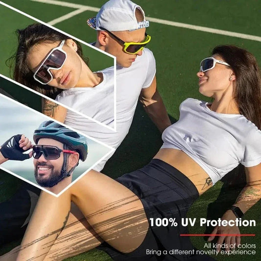 Pair of black photochromic cycling sunglasses with adjustable fit and UV400 protection