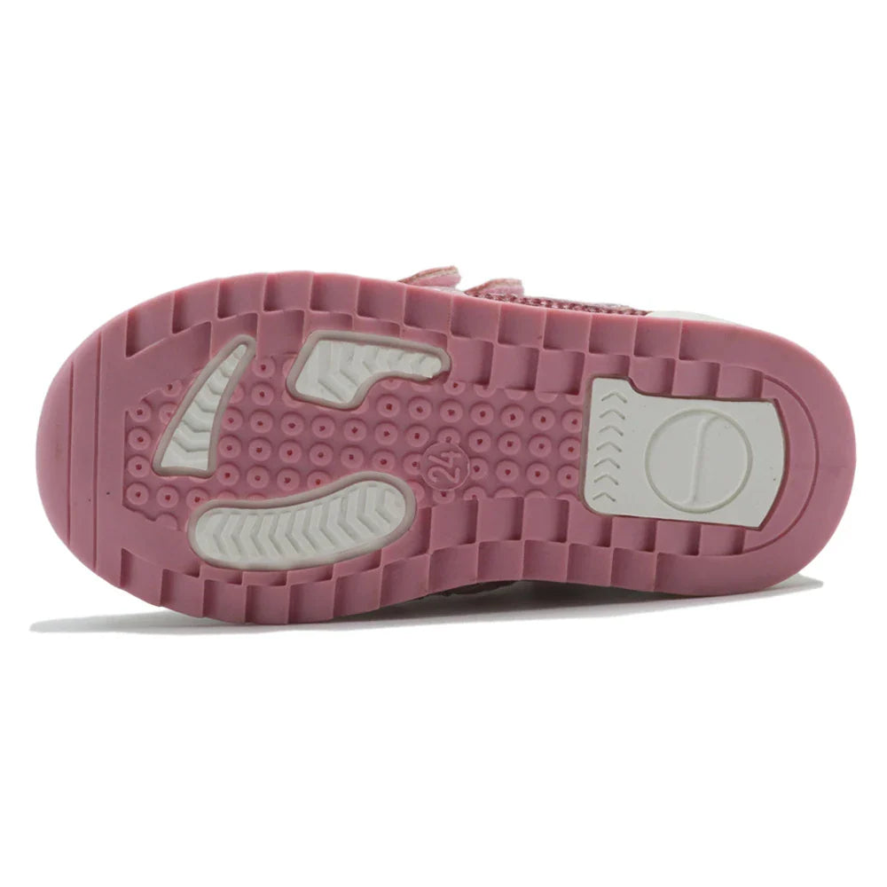 Charming dinosaur-themed girls' shoes in pink, peach, and grey colours with a comfortable and supportive design