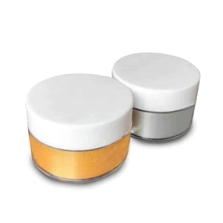Premium sugar-based edible glitter in gold and silver colours, perfect for decorating cakes, cocktails, and savoury dishes