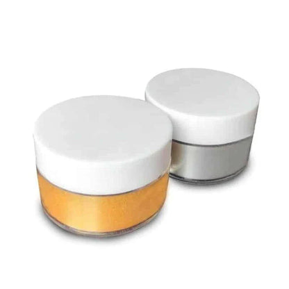 Premium sugar-based edible glitter in gold and silver colours, perfect for decorating cakes, cocktails, and savoury dishes