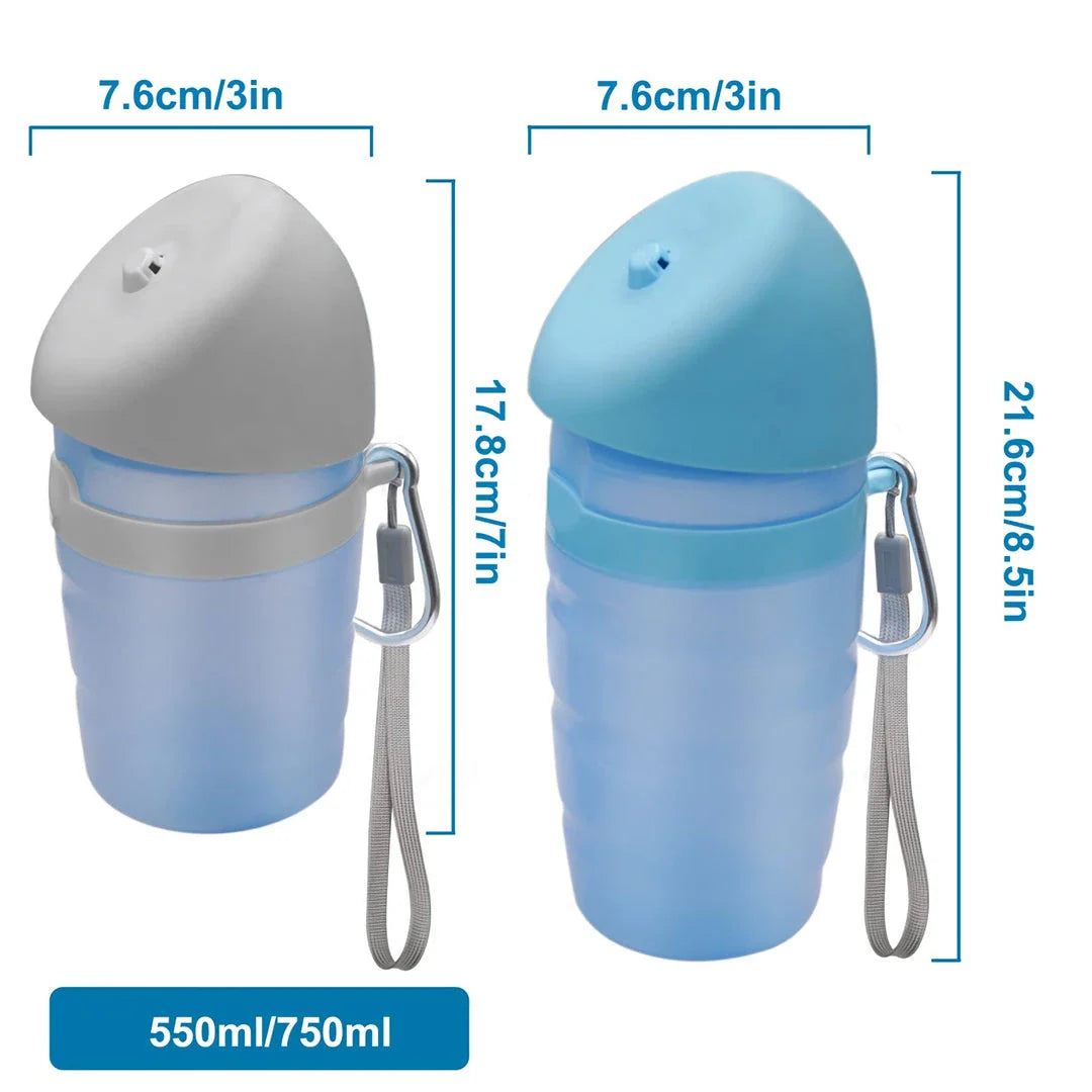 Portable dog water bottle with foldable drinking cup bowl, made of durable and food-grade plastic for safe hydration on walks, hikes, and outdoor activities.