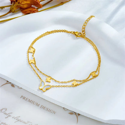Stainless Steel Butterfly Anklet with Adjustable Chain and Two-Tier Design