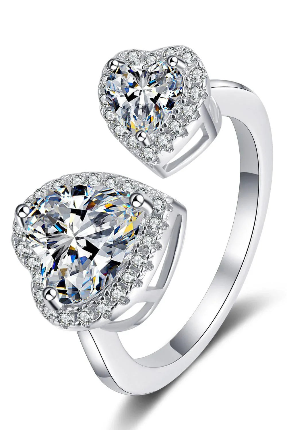Elegant heart-shaped moissanite open ring in platinum-plated 925 sterling silver with adjustable sizing