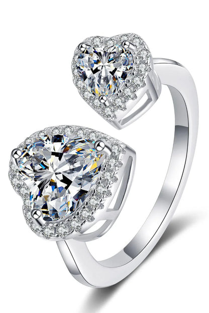 Elegant heart-shaped moissanite open ring in platinum-plated 925 sterling silver with adjustable sizing