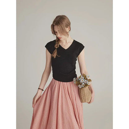 Refined Solid Colour Modest V-Neck Short Sleeve Slenderising Women's Top in Beige, Navy, and Black