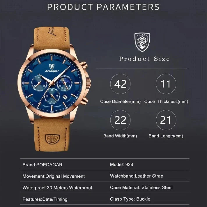 Premium Quartz Chronograph Sports Watch with stainless steel case, luminous hands, and adjustable leather strap