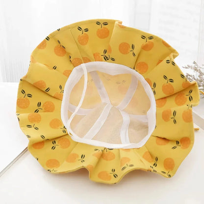 Adjustable white cotton sun protection bucket hat with cartoon pattern for children